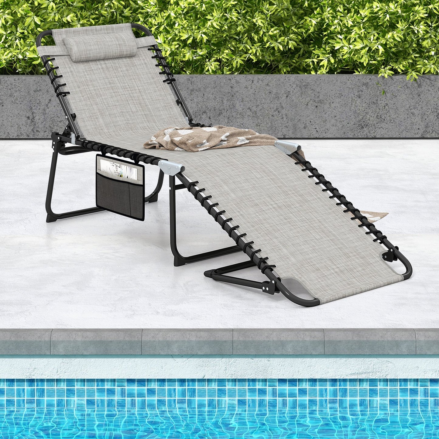 4 Position Folding Lounge Chaise with Adjustable Backrest and Footrest-Beige