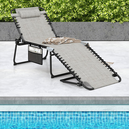 4 Position Folding Lounge Chaise with Adjustable Backrest and Footrest-Beige