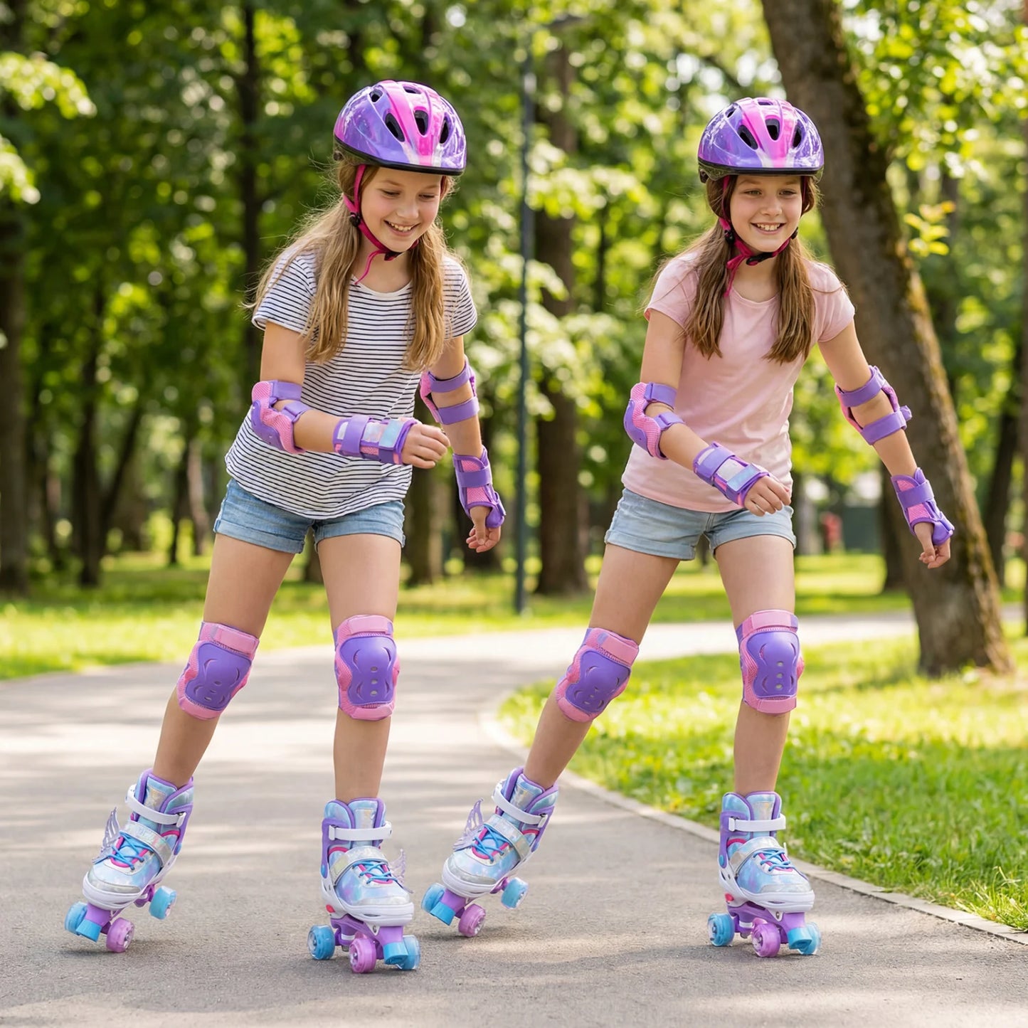 4 Sizes Adjustable Kids Roller Skates for Toddlers Ages 9-14 with 4 Light-up Wheels-Blue