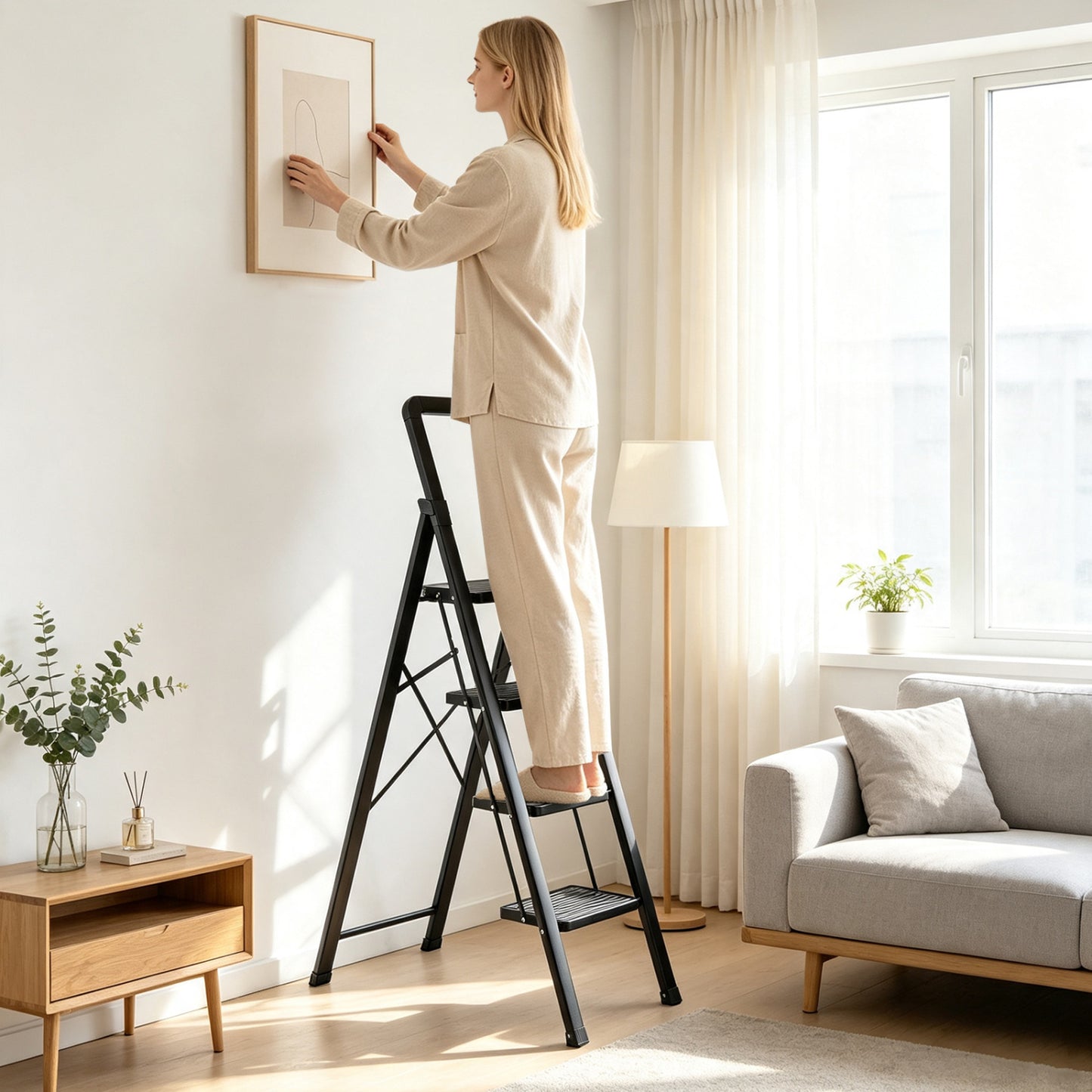 3 Step Black Folding Step Stool with Wide Anti-slip Pedals