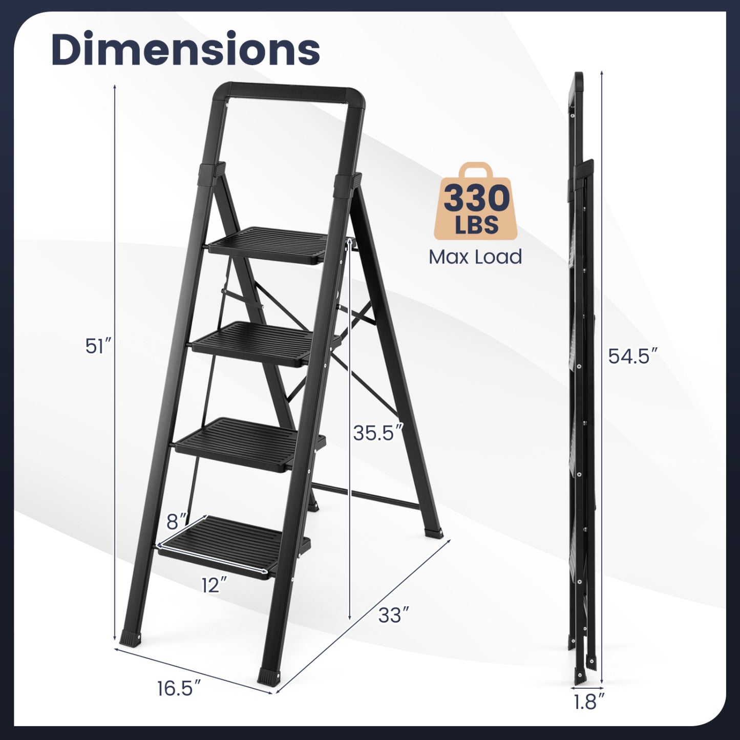3 Step Black Folding Step Stool with Wide Anti-slip Pedals
