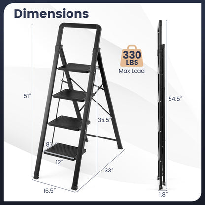 3 Step Black Folding Step Stool with Wide Anti-slip Pedals