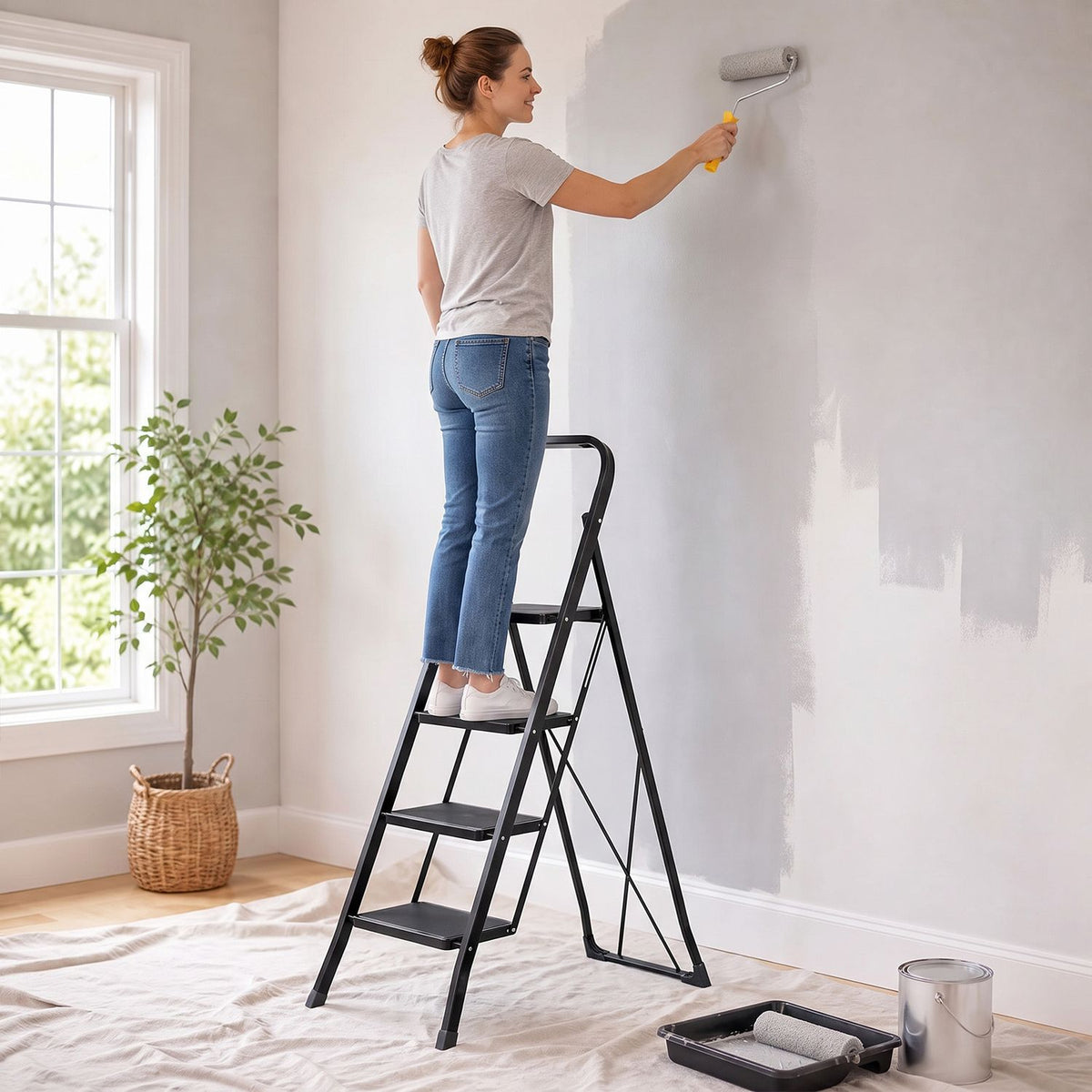 4 Step Ladder Folding Step Stool with Handrail and Wide Anti-Slip Pedals