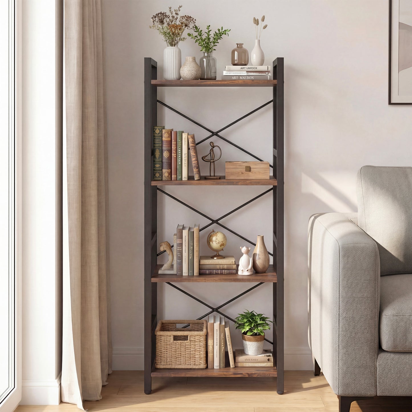 4-Tier Bookshelf Narrow Freestanding Display Shelf with Metal Frame-Oak