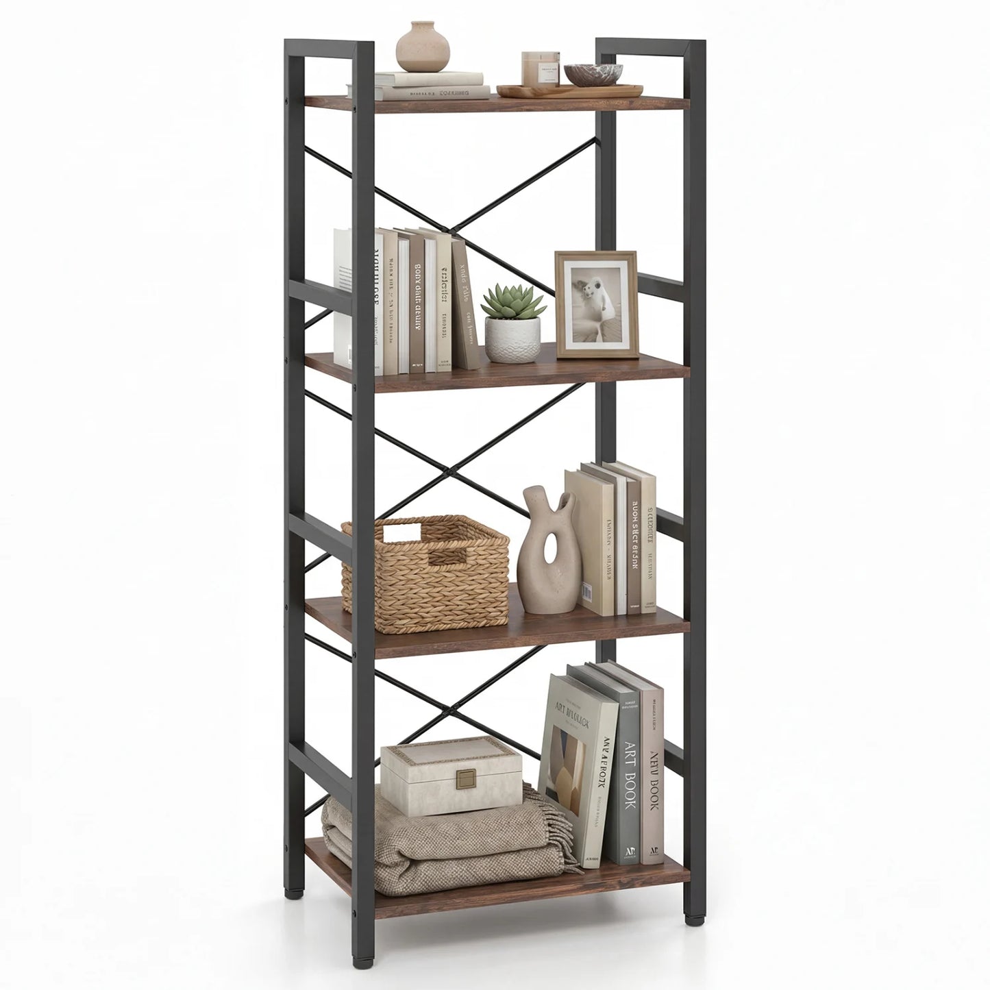 4-Tier Bookshelf Narrow Freestanding Display Shelf with Metal Frame-Oak