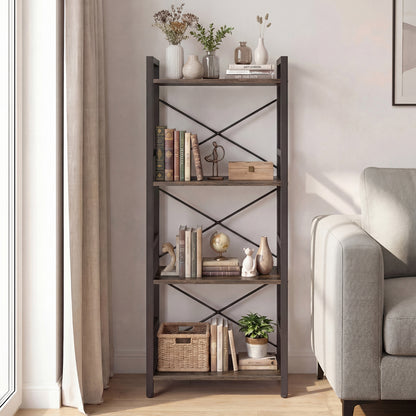 4-Tier Bookshelf Narrow Freestanding Display Shelf with Metal Frame-Oak