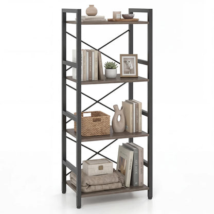 4-Tier Bookshelf Narrow Freestanding Display Shelf with Metal Frame-Oak