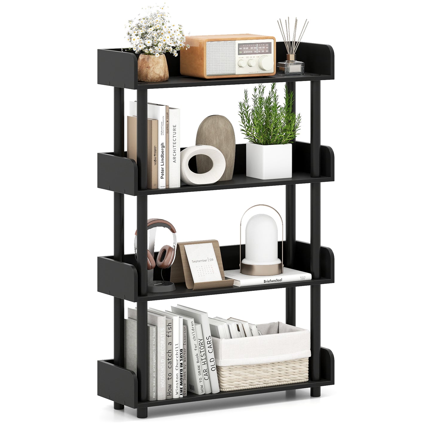4-Tier Bookshelf Open Bookcase with Anti-Tipping Kit Industrial Storage Unit-Black