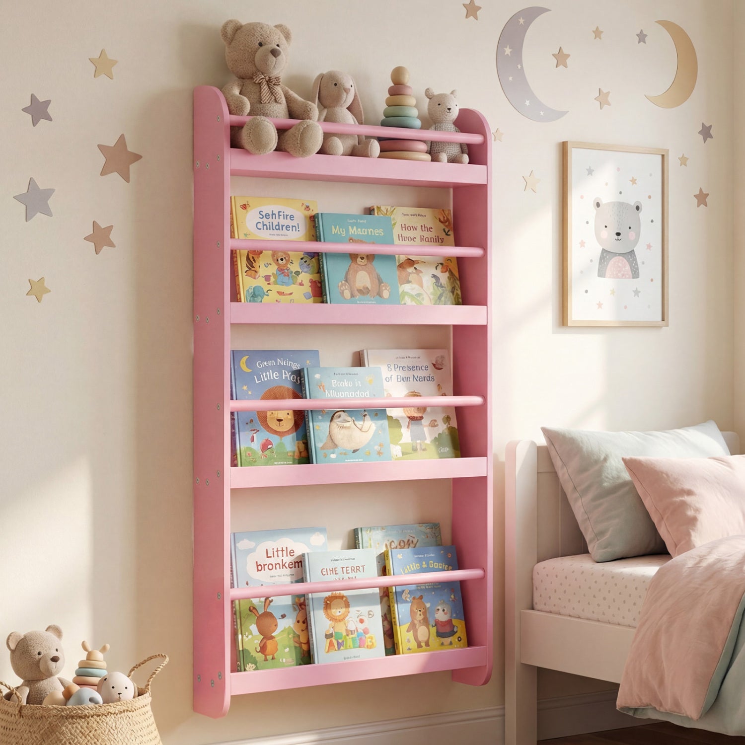Pink 4-tier bookshelf organizer with basswood crossbar, ideal for storing toys and books in a home office or playroom setting.