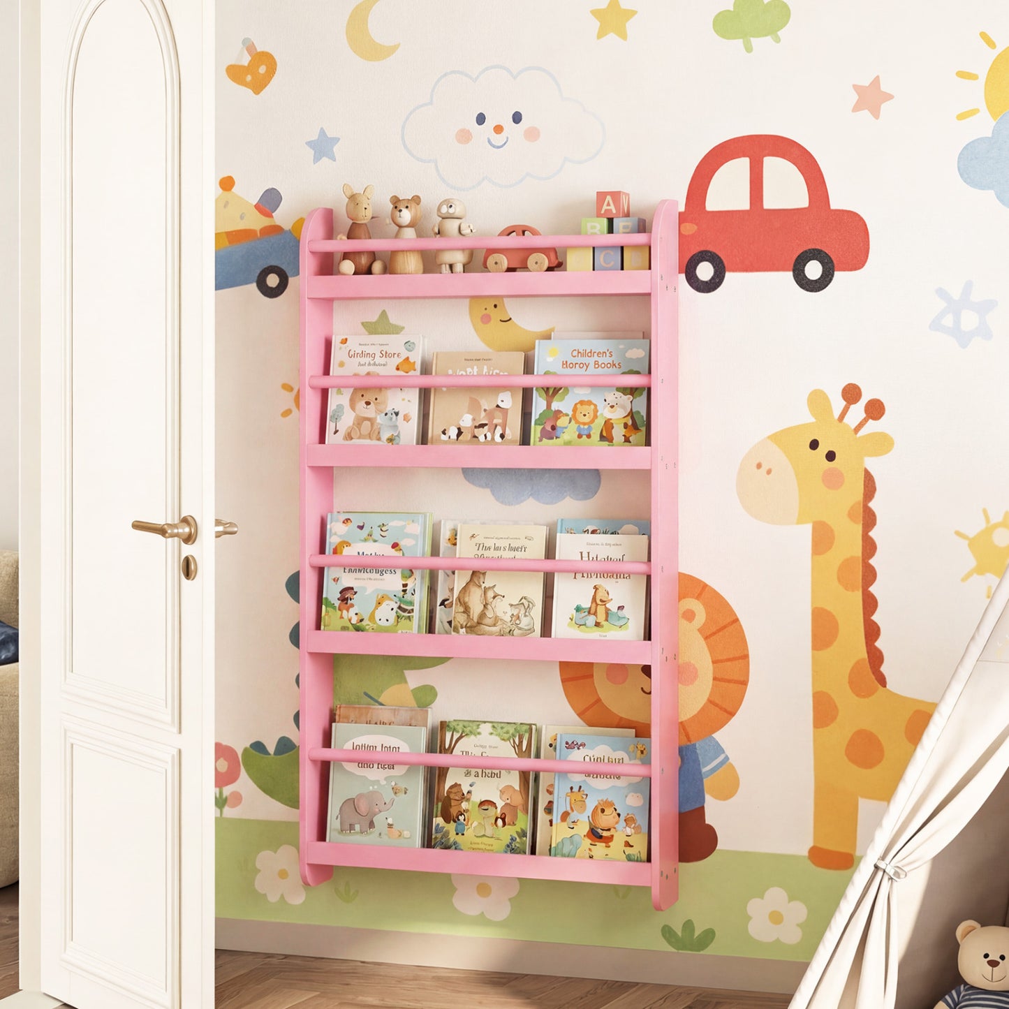 Pink 4-tier bookshelf organizer with basswood crossbars for toys and books, ideal for home office or children's room storage.