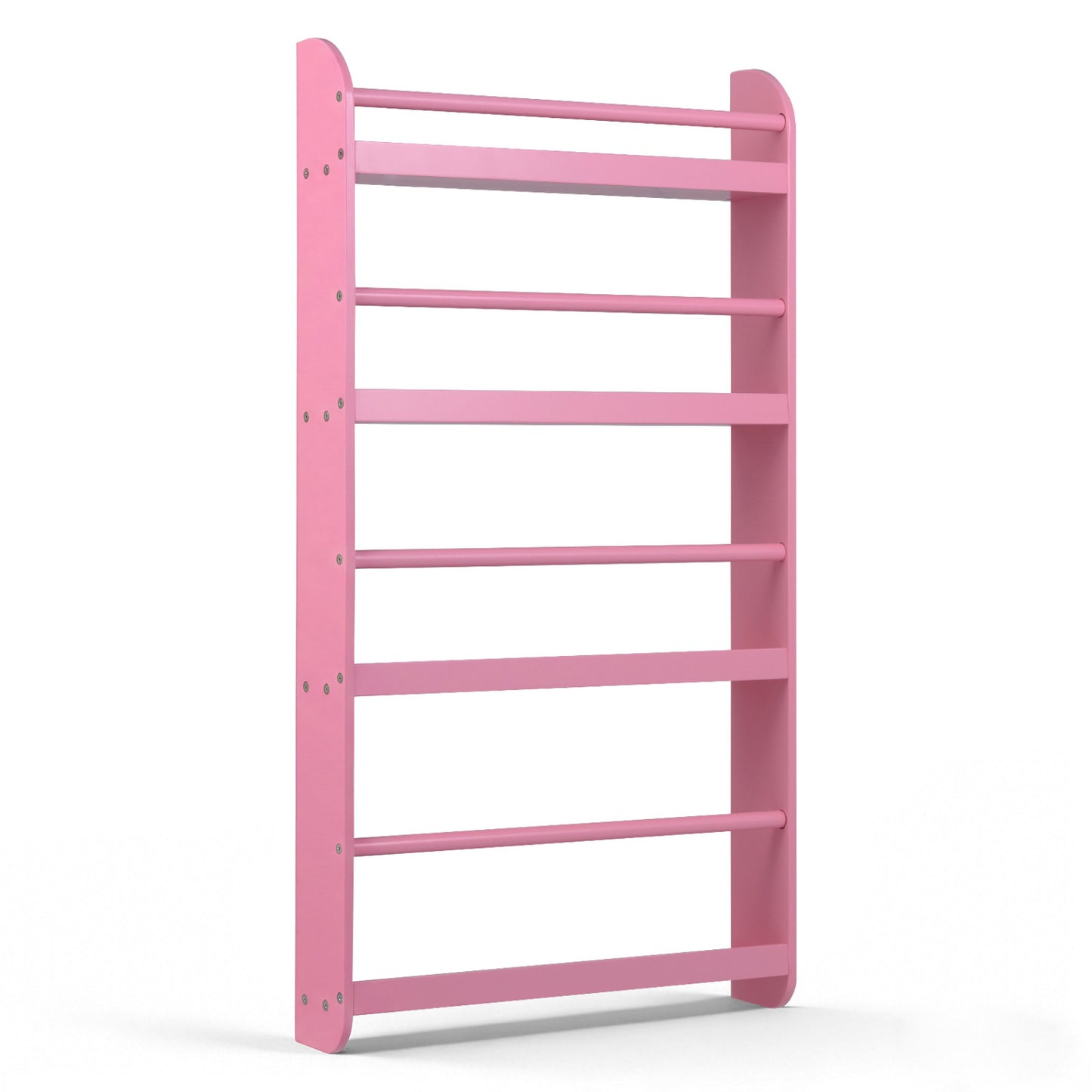 Pink 4-tier bookshelf organizer with basswood crossbar for toys and books, ideal for home office or playroom storage.