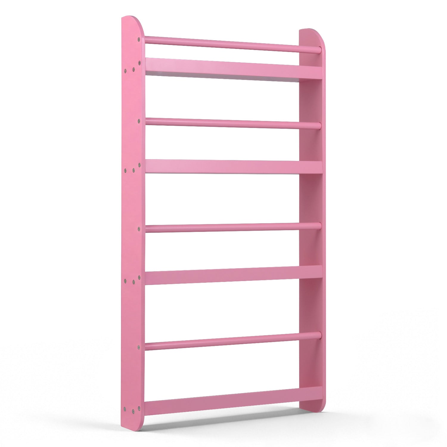Pink 4-tier bookshelf organizer with basswood crossbar for toys and books, ideal for home office or playroom storage.