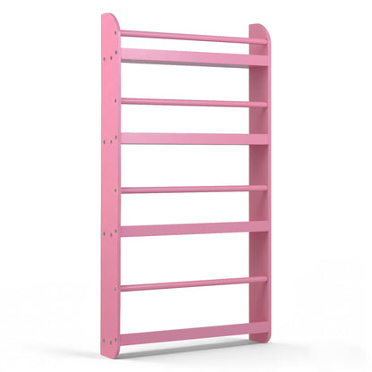 Pink 4-tier bookshelf organizer with basswood crossbar for toys and books, ideal for home office or playroom storage.