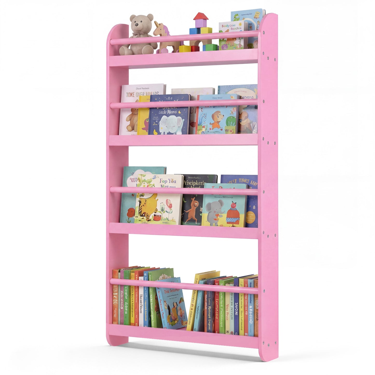 Pink 4-tier bookshelf organizer with basswood crossbar, ideal for storing toys and books in a home or office space.