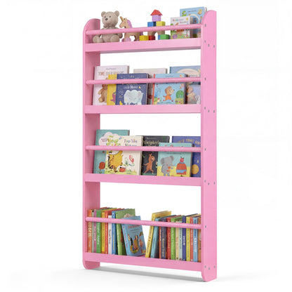 Pink 4-tier bookshelf organizer with basswood crossbar, ideal for storing toys and books in a home or office space.