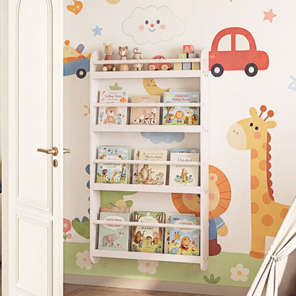 Pink 4-tier bookshelf organizer with basswood crossbars, ideal for storing toys and books in a home office or playroom.