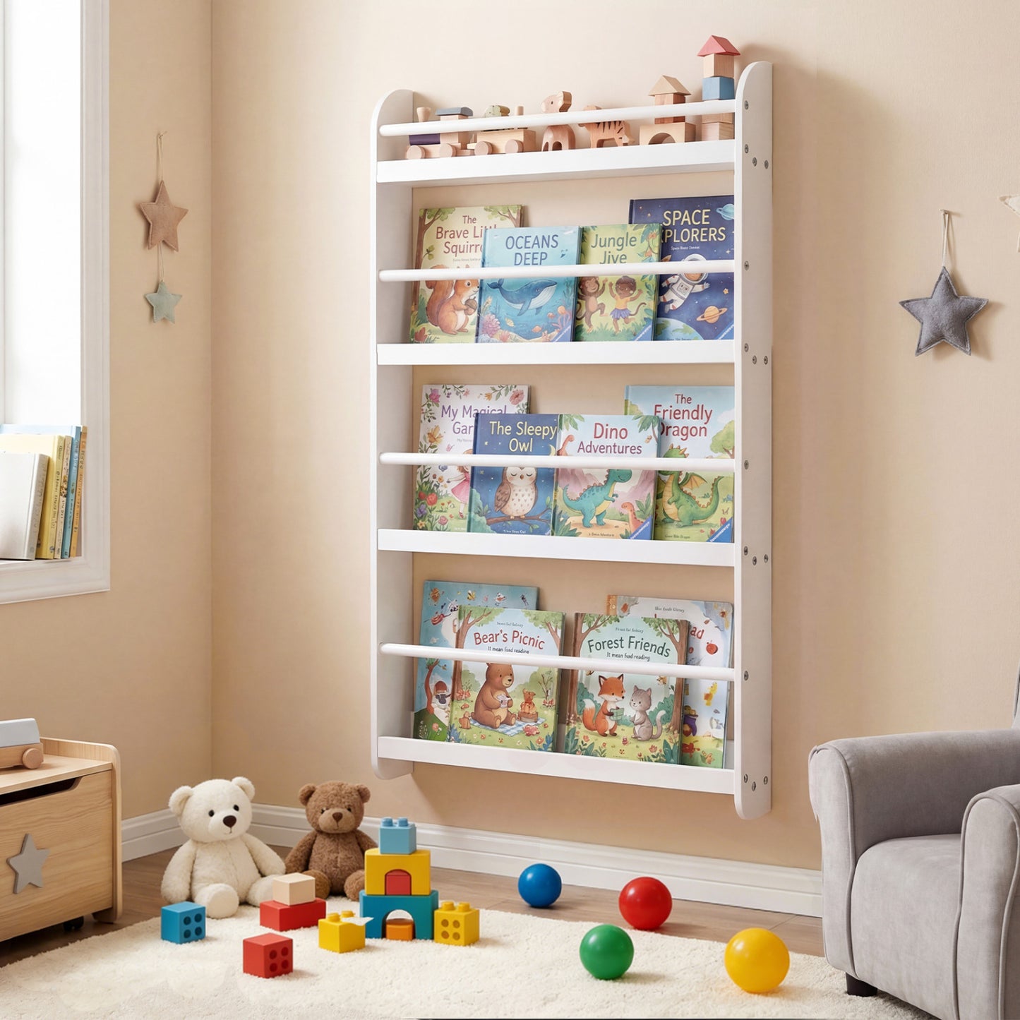 Pink 4-tier bookshelf organizer with basswood crossbar for toys and books, designed for home office or playroom storage.