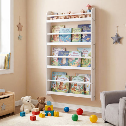 Pink 4-tier bookshelf organizer with basswood crossbar for toys and books, designed for home office or playroom storage.