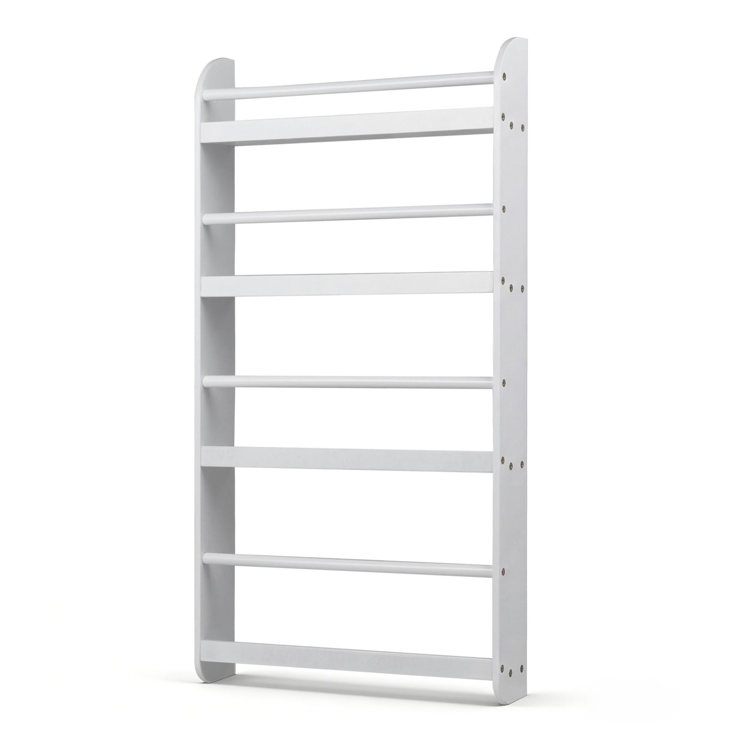 Pink 4-tier bookshelf organizer with basswood crossbar for toys and books, ideal for home office and playroom storage.