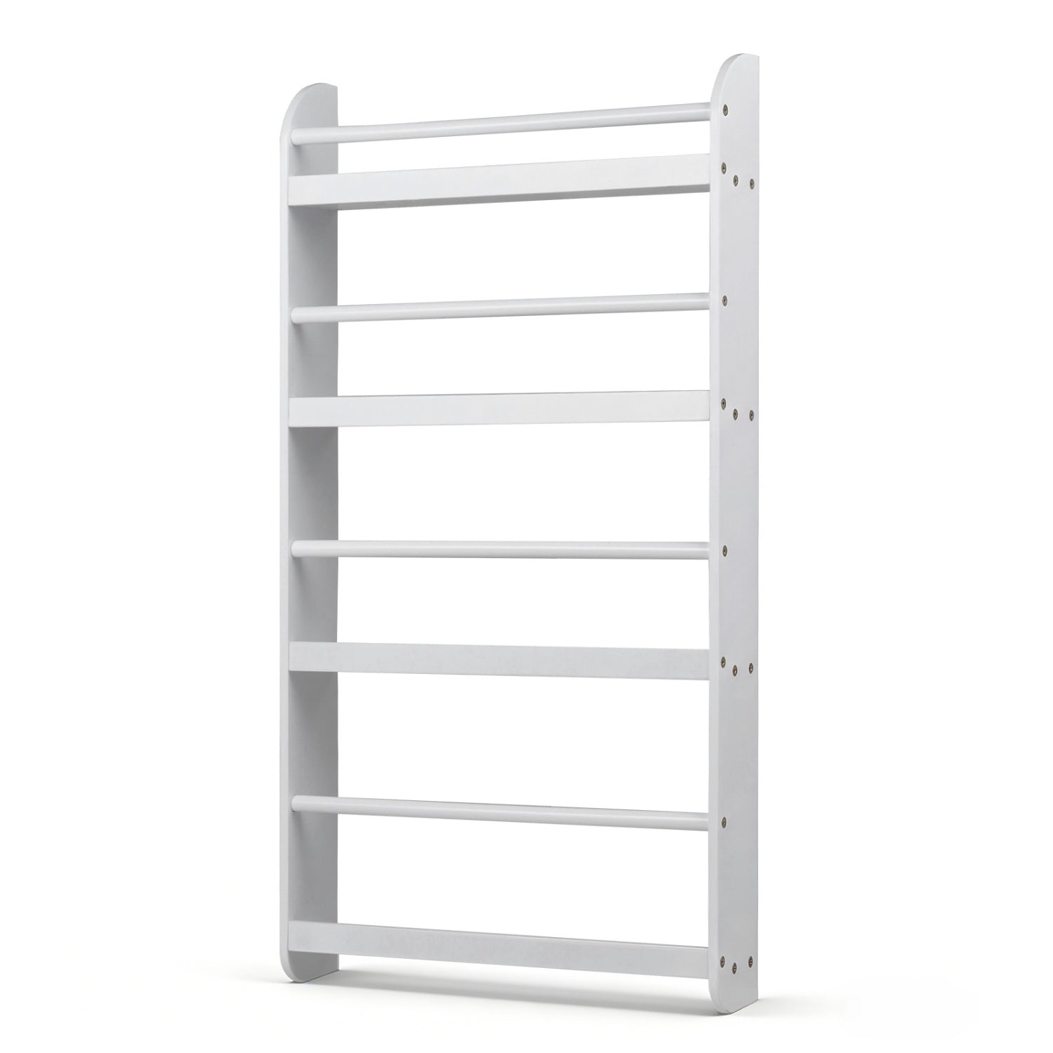 Pink 4-tier bookshelf organizer with basswood crossbar for toys and books, ideal for home office and playroom storage.