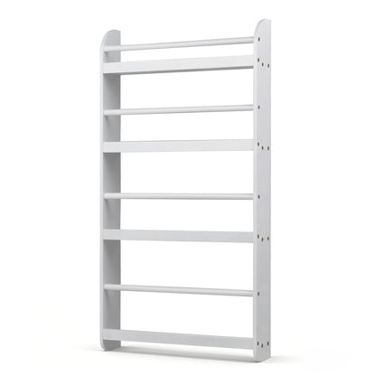 Pink 4-tier bookshelf organizer with basswood crossbar for toys and books, ideal for home office and playroom storage.