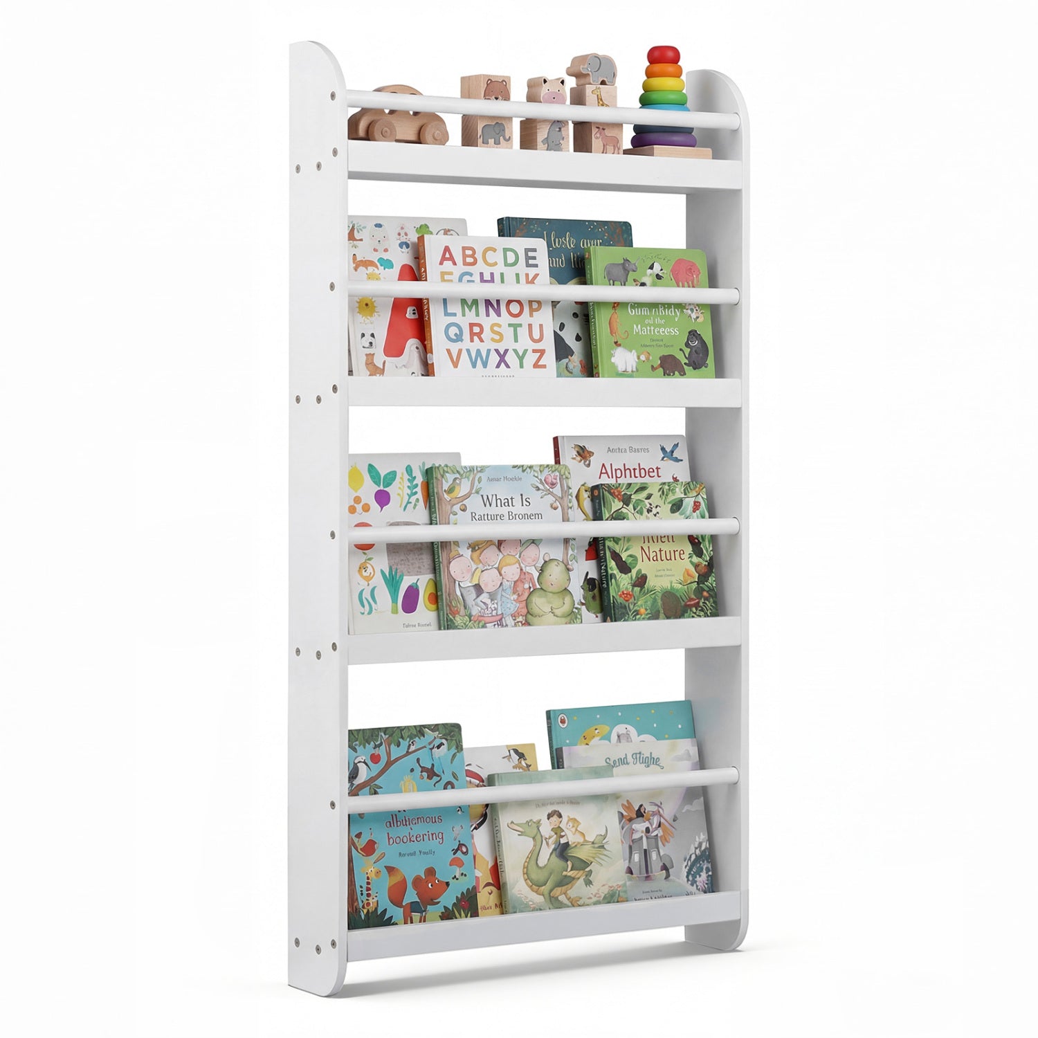 Pink 4-tier bookshelf organizer with basswood crossbar, perfect for toys and books, designed by Wilsons Home Store.