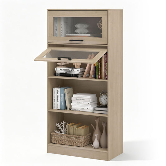 Natural wood 4-tier bookshelf with open compartments and storage cabinets, ideal for home office organization.