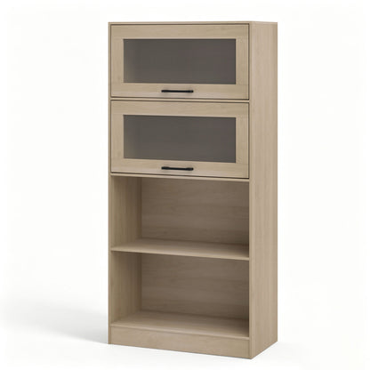 Natural wood 4-tier bookshelf with open compartments and storage cabinets, ideal for home office organization.