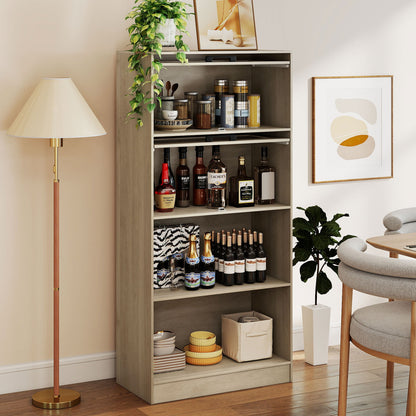 Natural wood 4-tier bookshelf with open shelves and storage cabinets, ideal for home office organization and decor.