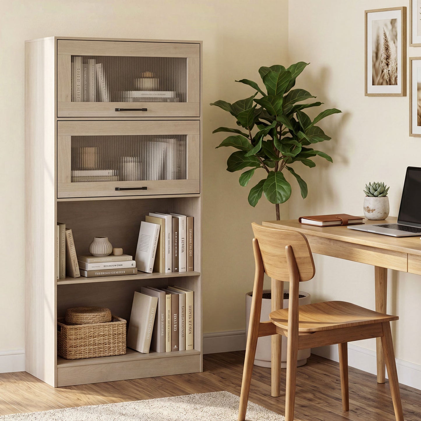 Natural wood 4-tier bookshelf with open shelves and storage cabinets, ideal for home office organization.