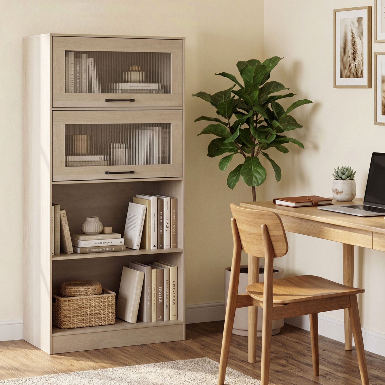 Natural wood 4-tier bookshelf with open shelves and storage cabinets, ideal for home office organization.