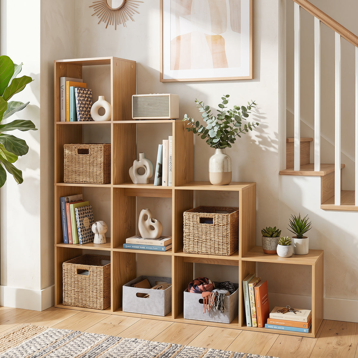 Natural wood 4-tier bookshelf with anti-tipping kits, ideal for home office storage, by Direct by Wilsons Home Store.