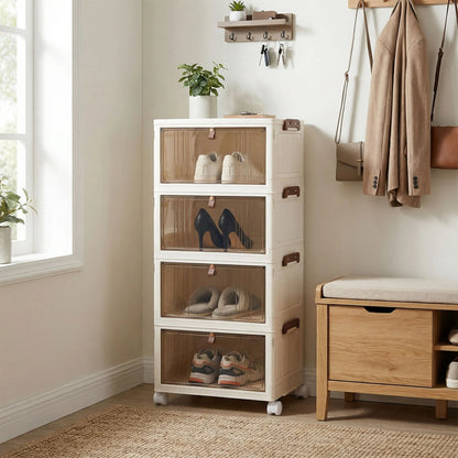 4-Tier Collapsible Shoe Box Lid Doors and Lockable Wheels-White
