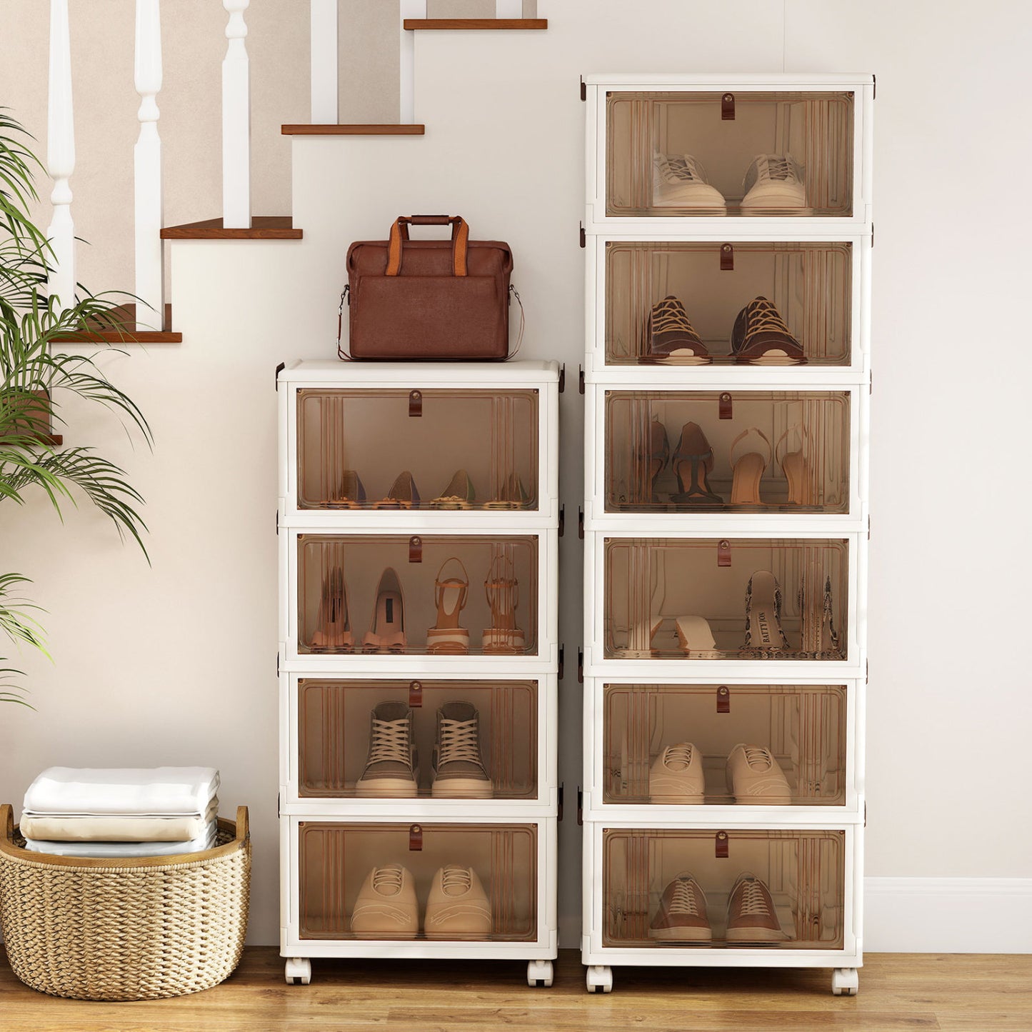 4-Tier Collapsible Shoe Box Lid Doors and Lockable Wheels-White