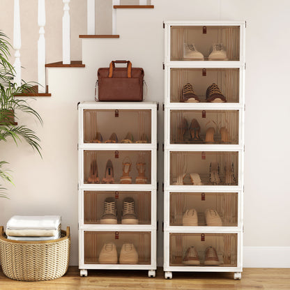 4-Tier Collapsible Shoe Box Lid Doors and Lockable Wheels-White