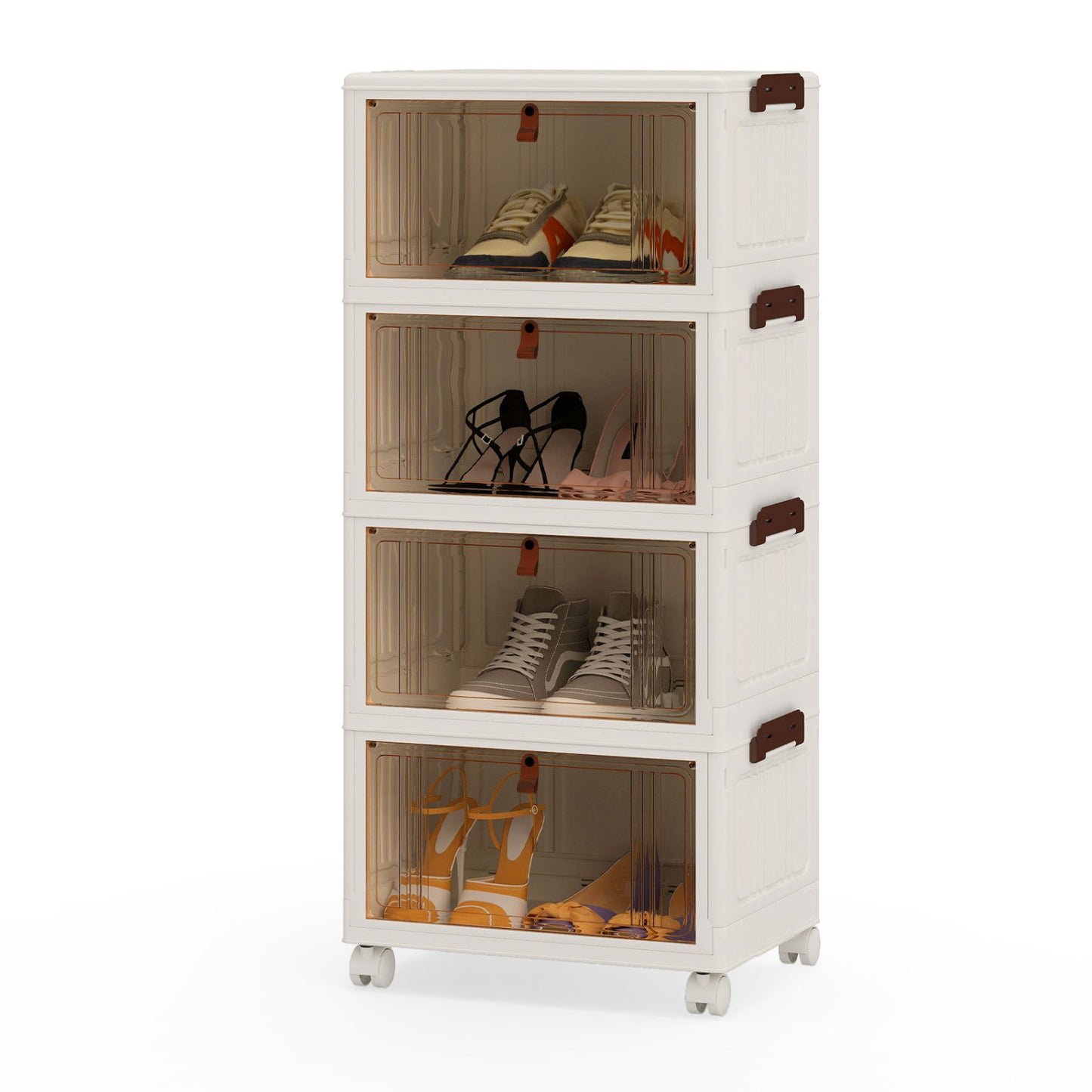 4-Tier Collapsible Shoe Box Lid Doors and Lockable Wheels-White
