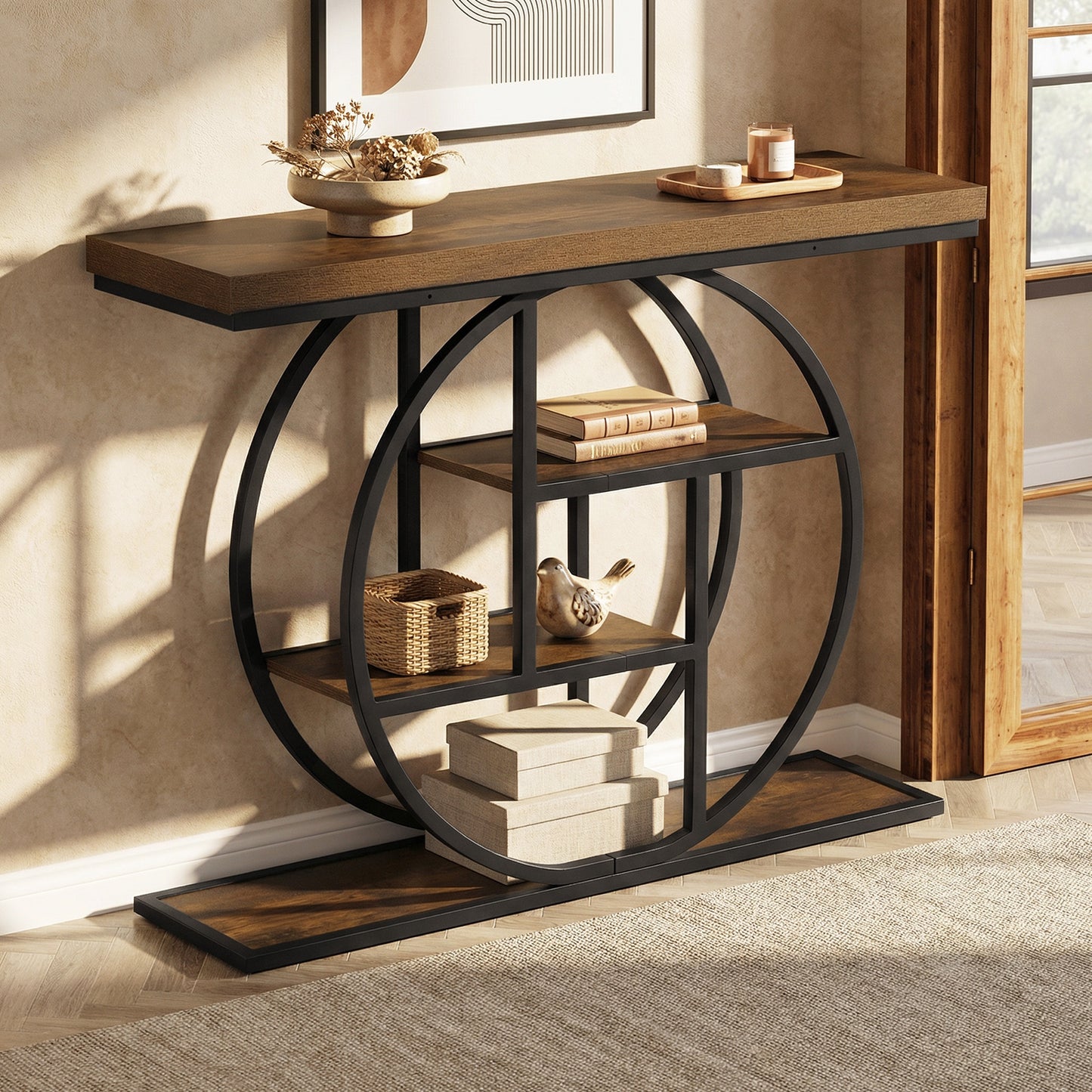 4-Tier Console Table 41 Inches Entryway Table with Storage Shelves-Brown