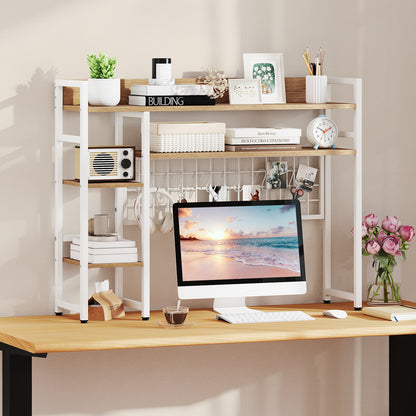 4-Tier Desk Shelf Desktop Display Rack with Metal Grid Panel and 6 Hooks-Natural