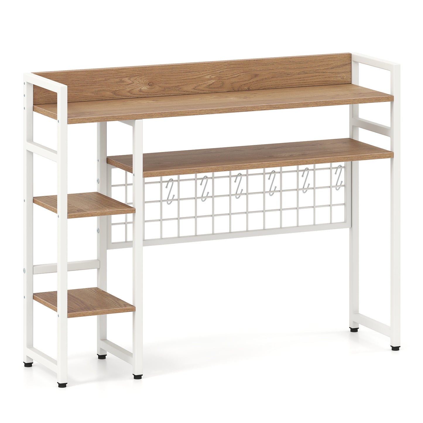 4-Tier Desk Shelf Desktop Display Rack with Metal Grid Panel and 6 Hooks-Natural