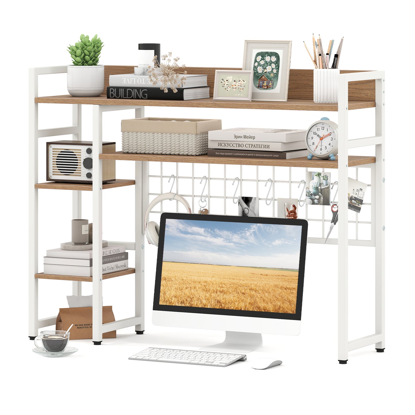 4-Tier Desk Shelf Desktop Display Rack with Metal Grid Panel and 6 Hooks-Natural