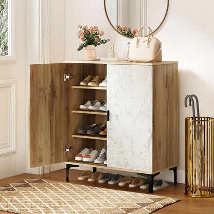 4 Tier Farmhouse Shoe Storage Cabinet with Removable Shelves and Metal Legs-Oak