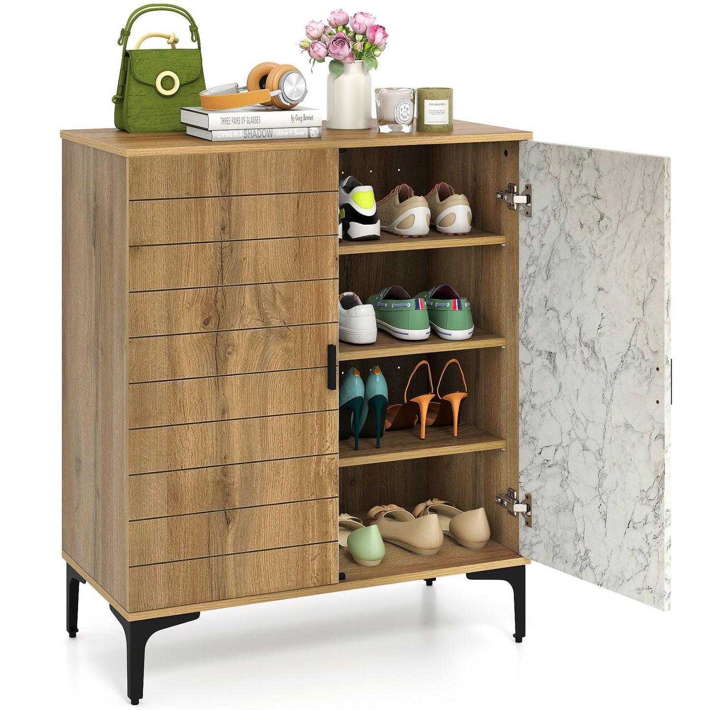 4 Tier Farmhouse Shoe Storage Cabinet with Removable Shelves and Metal Legs-Oak