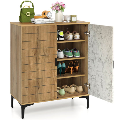 4 Tier Farmhouse Shoe Storage Cabinet with Removable Shelves and Metal Legs-Oak