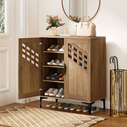 4 Tier Farmhouse Shoe Storage Cabinet with Removable Shelves and Metal Legs-Oak
