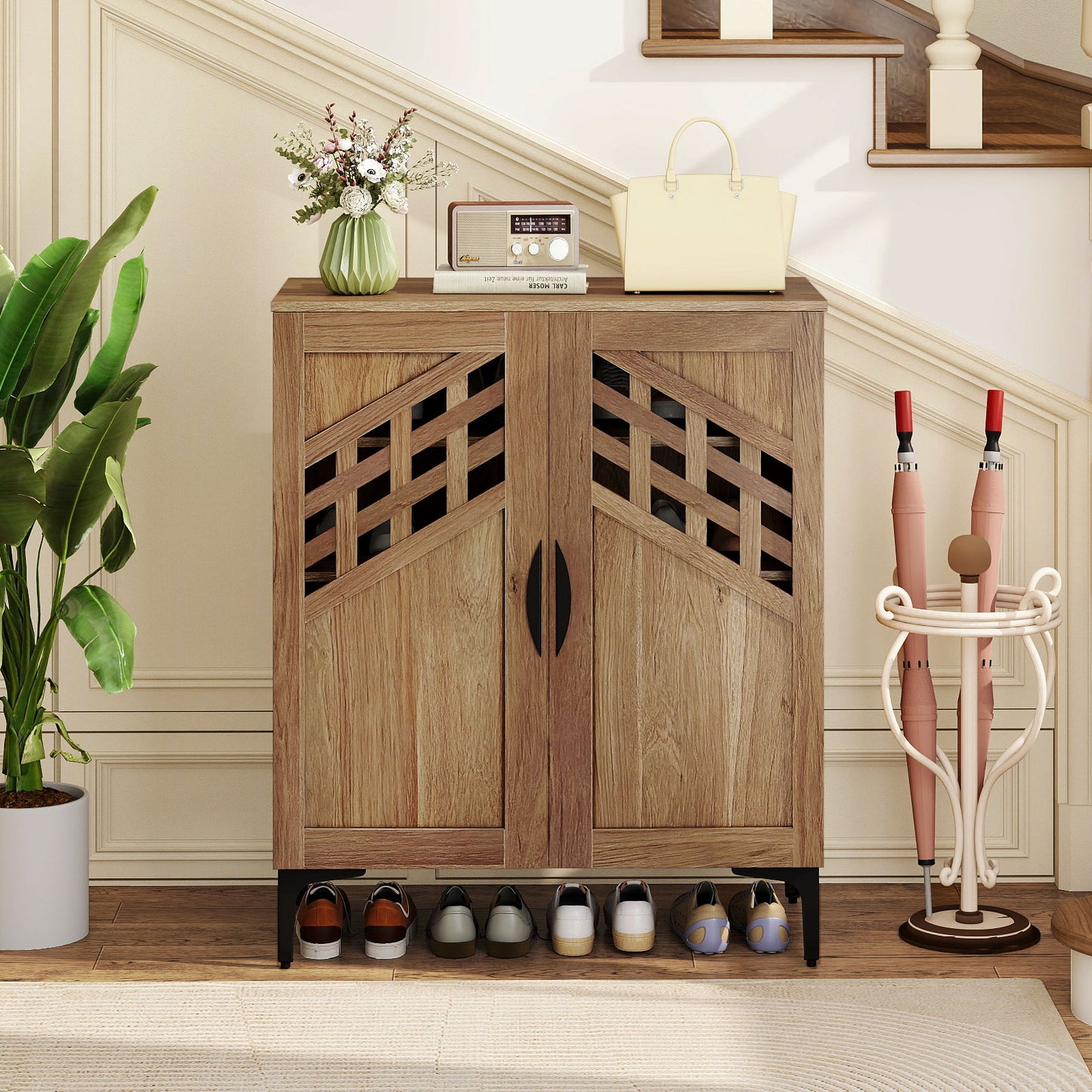 4 Tier Farmhouse Shoe Storage Cabinet with Removable Shelves and Metal Legs-Oak