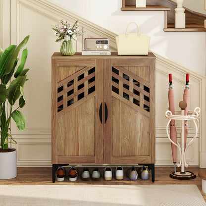 4 Tier Farmhouse Shoe Storage Cabinet with Removable Shelves and Metal Legs-Oak