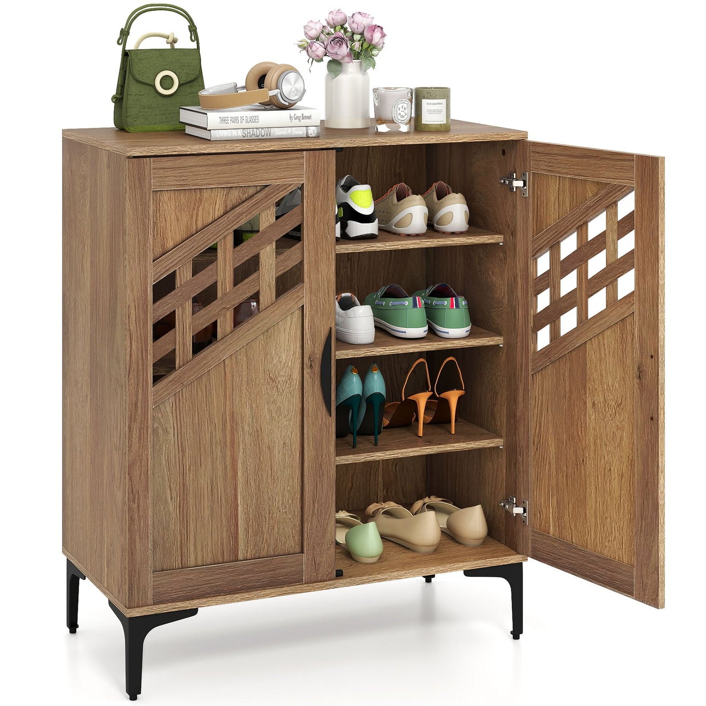 4 Tier Farmhouse Shoe Storage Cabinet with Removable Shelves and Metal Legs-Oak