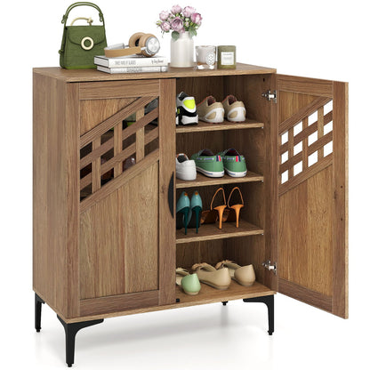 4 Tier Farmhouse Shoe Storage Cabinet with Removable Shelves and Metal Legs-Oak