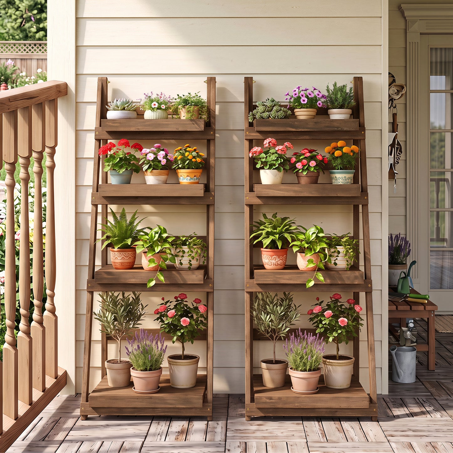 4-Tier Foldable Plant Stand with Slatted Shelves for Garden-Brown