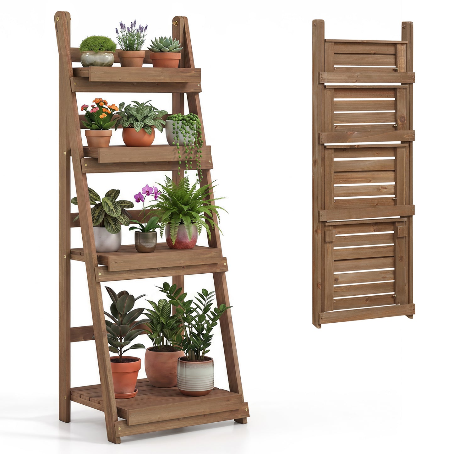 4-Tier Foldable Plant Stand with Slatted Shelves for Garden-Brown